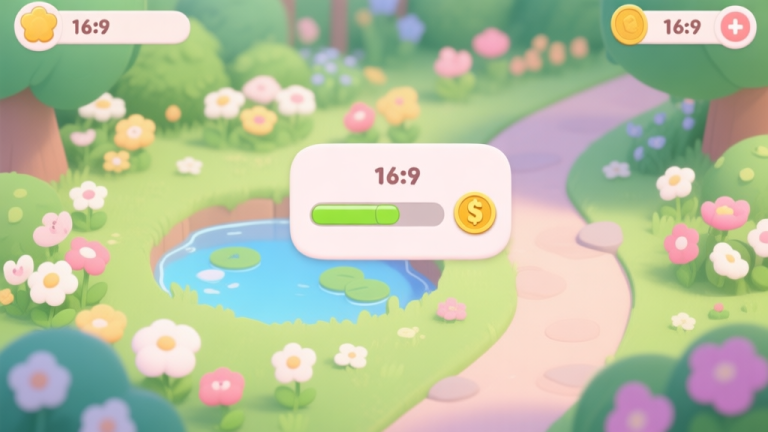 自动生成图片: A vibrant, inviting garden scene from a mobile game, showing a mix of cute flowers, a small pond, and a winding path, with a simple progress bar and coin counter in a clean UI overlay, soft pastel colors, digital illustration style high quality illustration, detailed, 16:9