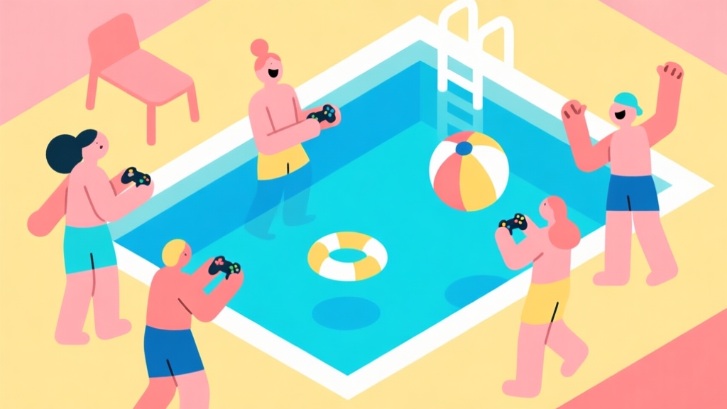 A vibrant, minimalist isometric illustration of a swimming pool party from above, with abstract figures playing with a beach ball, holding game controllers, and laughing. Soft summer colors like aqua blue, sunny yellow, and coral pink, clean flat design style. high quality illustration, detailed, 16:9