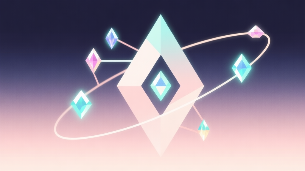 Abstract geometric composition with glowing jewels and connecting lines, soft pastel colors, modern minimal style, strategic game concept illustration high quality illustration, detailed, 16:9