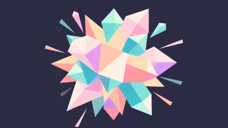 自动生成图片: Abstract geometric composition with overlapping colorful gem shapes forming a larger explosive pattern, soft pastel colors, modern minimal style, professional game strategy concept illustration high quality illustration, detailed, 16:9