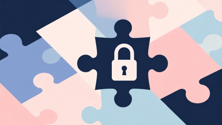 自动生成图片: Abstract geometric composition with overlapping puzzle pieces and locks, soft pastel colors, modern minimal style, professional business concept illustration of problem solving high quality illustration, detailed, 16:9