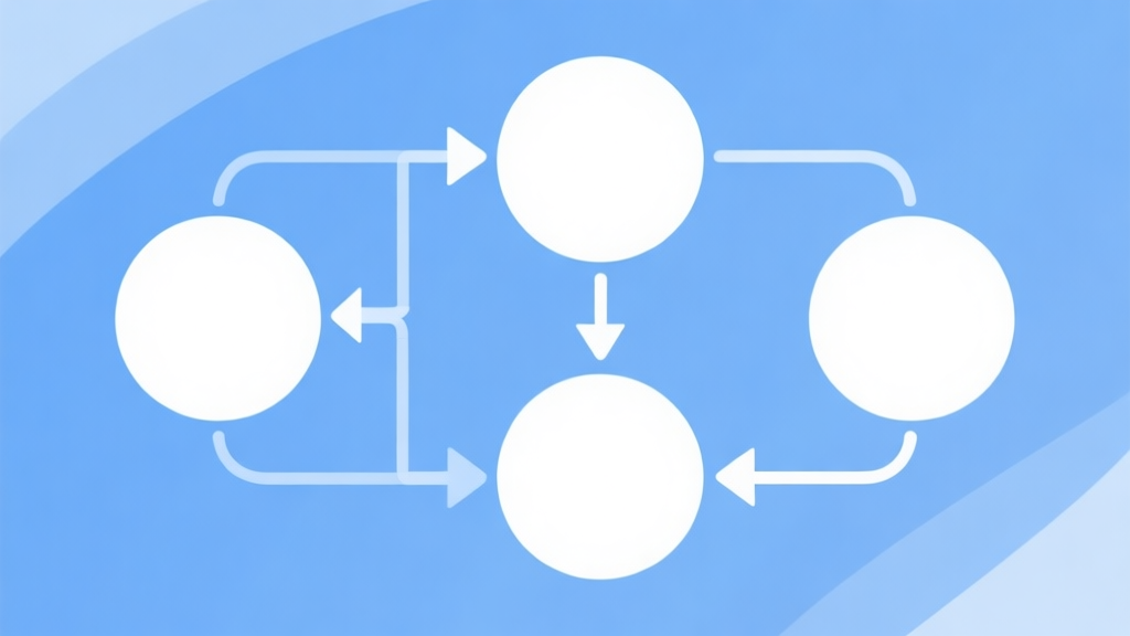 Simple flowchart illustration with connected circles and arrows representing problem analysis and solution, light blue and white color scheme, clean minimal design, business presentation style high quality illustration, detailed, 16:9