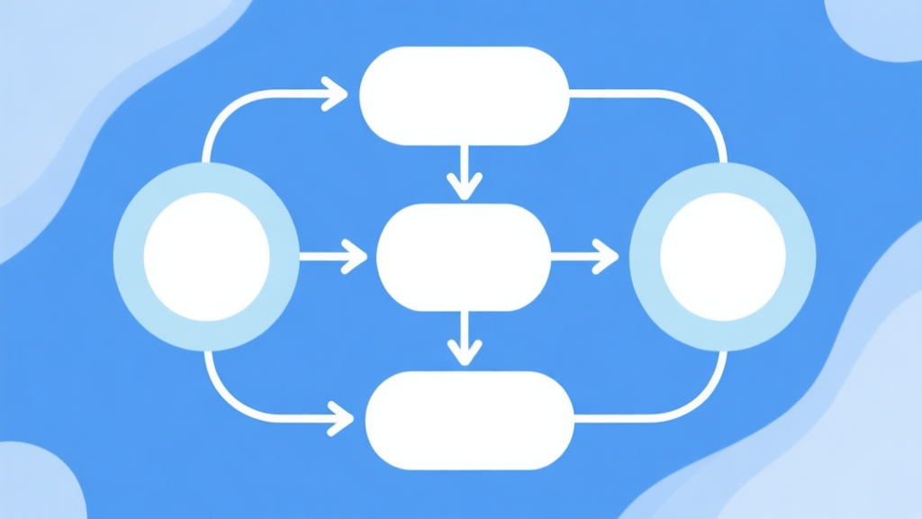 Simple flowchart illustration with connected circles and arrows, light blue and white color scheme, clean minimal design, business presentation style high quality illustration, detailed, 16:9