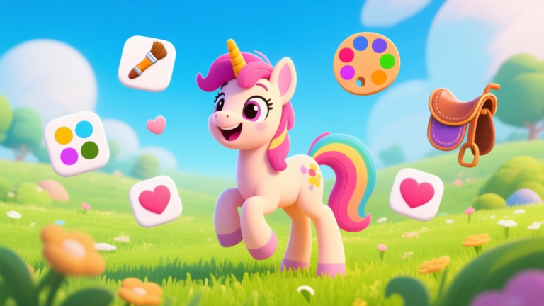 自动生成图片: A vibrant, joyful digital illustration of a customizable cartoon pony in a virtual meadow, surrounded by floating icons representing brushes, color palettes, saddles, and heart symbols, in a bright and friendly game art style high quality illustration, detailed, 16:9