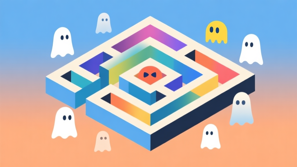 Abstract geometric composition showing a Pac-Man-like maze being filled with color, surrounded by ghost-like shapes, in a minimalist arcade style with soft blue and orange gradient background high quality illustration, detailed, 16:9
