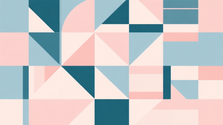 自动生成图片: Abstract geometric composition with overlapping shapes in grid formation, soft pastel colors, modern minimal style, professional strategy concept illustration high quality illustration, detailed, 16:9