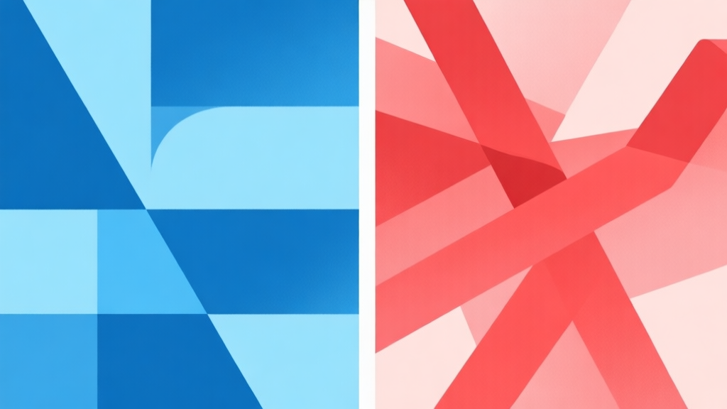 Abstract geometric composition with two distinct sides, one with calm blue orderly shapes, the other with dynamic red overlapping shapes, soft pastel colors, modern minimal style, professional comparison concept illustration high quality illustration, detailed, 16:9