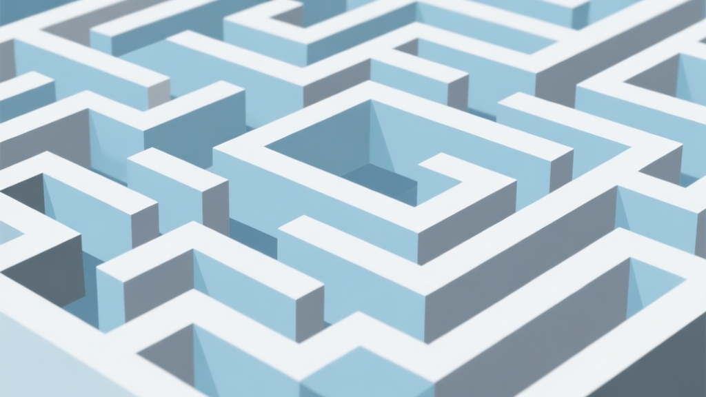 Abstract geometric maze design with multiple solution paths, soft blue and grey color scheme, clean lines and minimalist structure, professional game concept illustration high quality illustration, detailed, 16:9