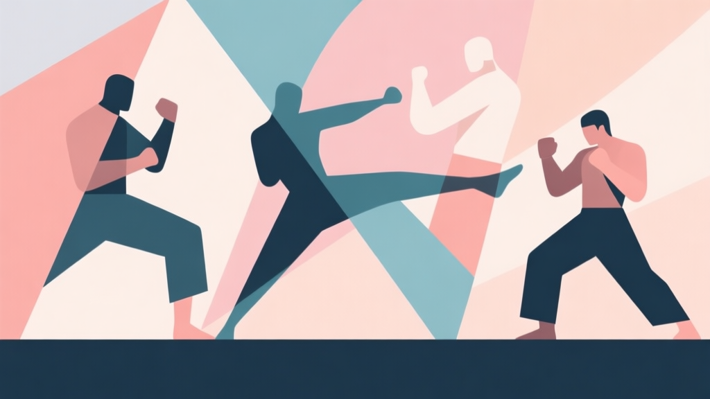 Abstract geometric composition with overlapping shapes representing different fighting styles, soft pastel colors, modern minimal style, professional concept illustration high quality illustration, detailed, 16:9