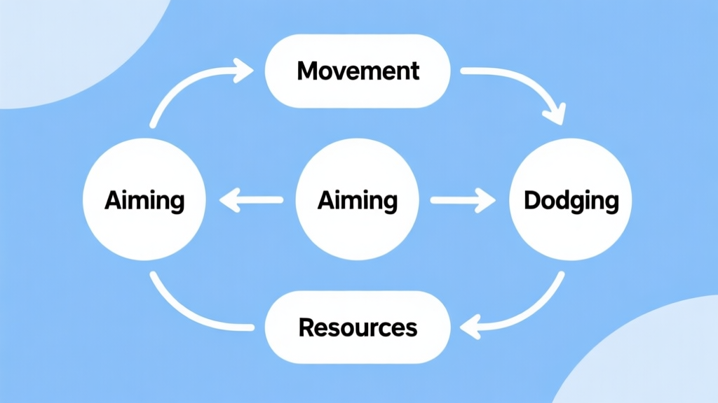 Simple flowchart illustration with connected circles and arrows labeled "Movement", "Aiming", "Dodging", "Resources", light blue and white color scheme, clean minimal design, business presentation style high quality illustration, detailed, 16:9