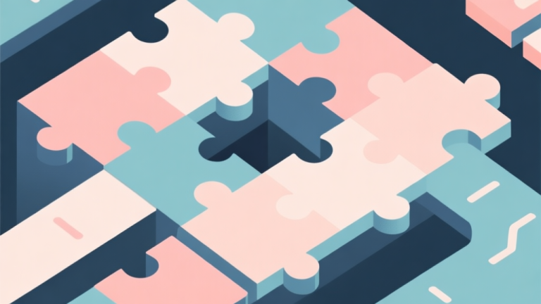 自动生成图片: Abstract geometric composition with overlapping puzzle tiles and hidden paths, soft pastel colors, modern minimal style, professional strategy game concept illustration high quality illustration, detailed, 16:9