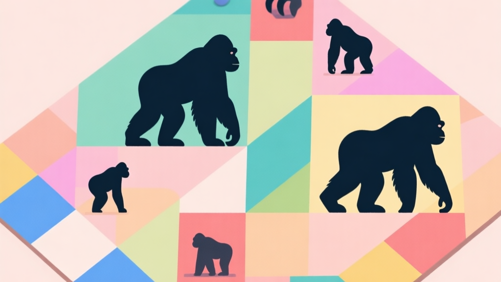 Abstract geometric composition with overlapping colorful tiles and simple gorilla silhouettes, soft pastel background, clean minimal board game concept illustration high quality illustration, detailed, 16:9