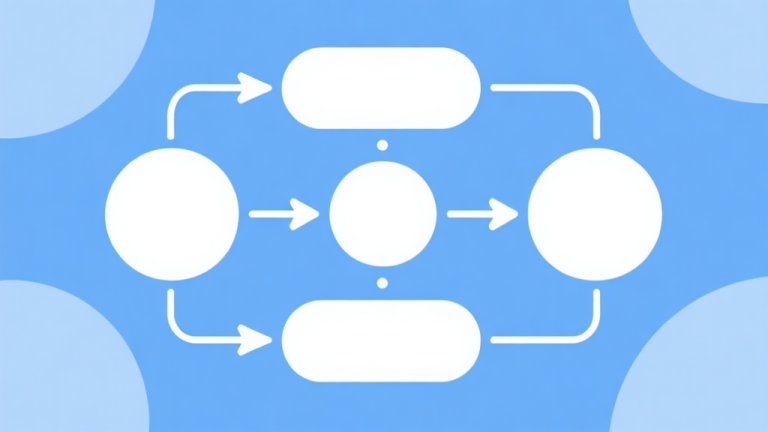 自动生成图片: Simple flowchart illustration with connected circles and arrows, light blue and white color scheme, clean minimal design, business presentation style high quality illustration, detailed, 16:9