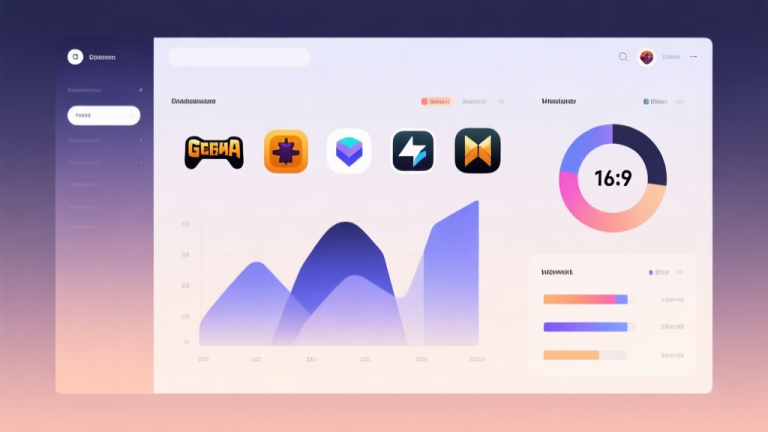 自动生成图片: Minimalist business dashboard with abstract data visualization comparing multiple game icons, soft gradient background, professional color scheme, clean geometric shapes, flat design style high quality illustration, detailed, 16:9