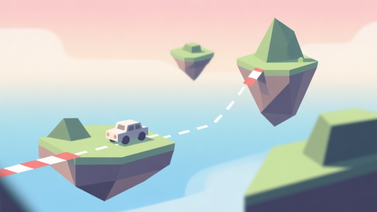 自动生成图片: Abstract geometric composition of floating islands and simple vehicle shapes connected by dashed racing lines, soft gradient sky background, clean minimalist game concept illustration high quality illustration, detailed, 16:9