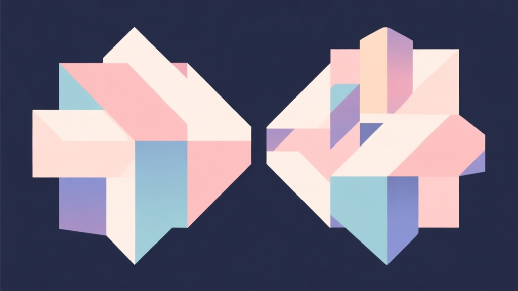 Abstract geometric composition with overlapping shapes representing two opposing groups, soft pastel colors, modern minimal style, professional game concept illustration high quality illustration, detailed, 16:9