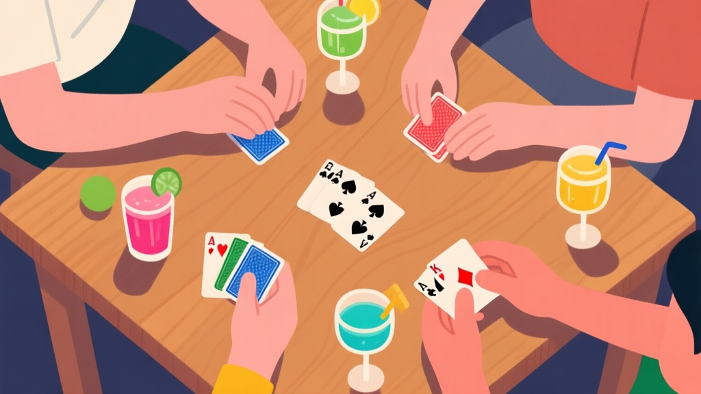 A top-down view of a fun, casual party scene with colorful drinks and hands playing a card game on a wooden table, minimalist illustration with soft shadows, warm and inviting color palette high quality illustration, detailed, 16:9