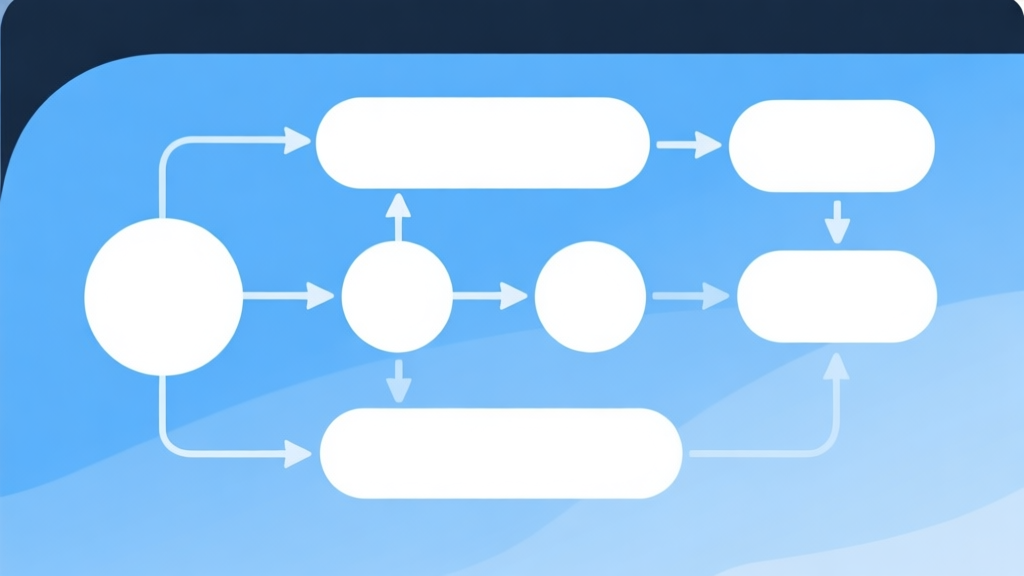 Simple flowchart illustration with connected circles and arrows, light blue and white color scheme, clean minimal design, business presentation style high quality illustration, detailed, 16:9