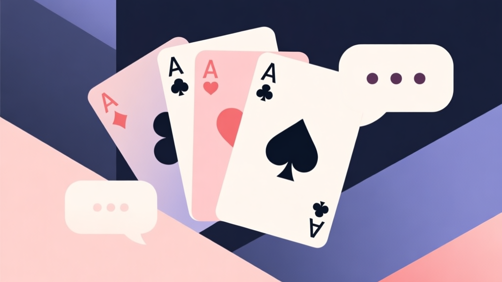 Abstract geometric composition with overlapping playing cards and speech bubbles, soft pastel colors, modern minimal style, social game concept illustration high quality illustration, detailed, 16:9