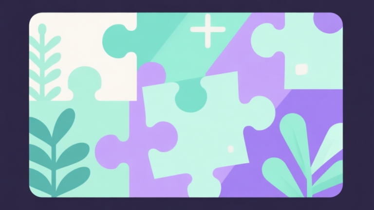 自动生成图片: Abstract geometric composition with overlapping puzzle pieces and plant shapes, soft pastel colors like mint green and lavender, modern minimal style, professional game concept illustration high quality illustration, detailed, 16:9