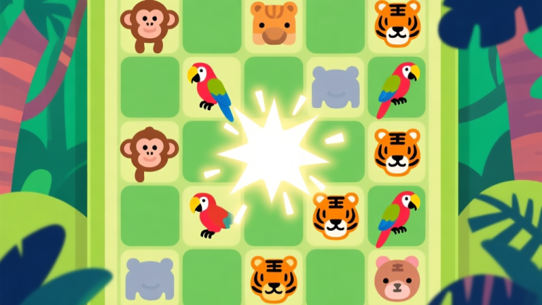 自动生成图片: A vibrant and clean digital illustration of a Jungle Match game board, showing various animal tiles like monkeys, parrots, and tigers in a grid, with some matched and disappearing in a burst of light, minimalist mobile game style, colorful but not overwhelming high quality illustration, detailed, 16:9