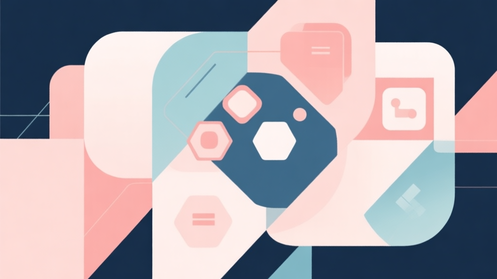 Abstract geometric composition with overlapping shapes representing game mechanics, soft pastel colors, modern minimal style, professional business concept illustration high quality illustration, detailed, 16:9