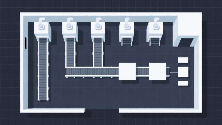 自动生成图片: A top-down minimalist view of a simple but organized factory floor in Shapez.io, showing a clean arrangement of extractors, conveyors leading to a balanced splitter, and a merger outputting simple shapes, on a dark grid background, clean geometric design high quality illustration, detailed, 16:9