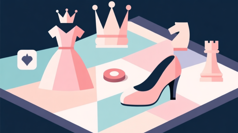 自动生成图片: Abstract geometric composition with overlapping shapes representing game pieces (dress, crown, shoe), soft pastel colors, modern minimal style, professional game strategy concept illustration high quality illustration, detailed, 16:9