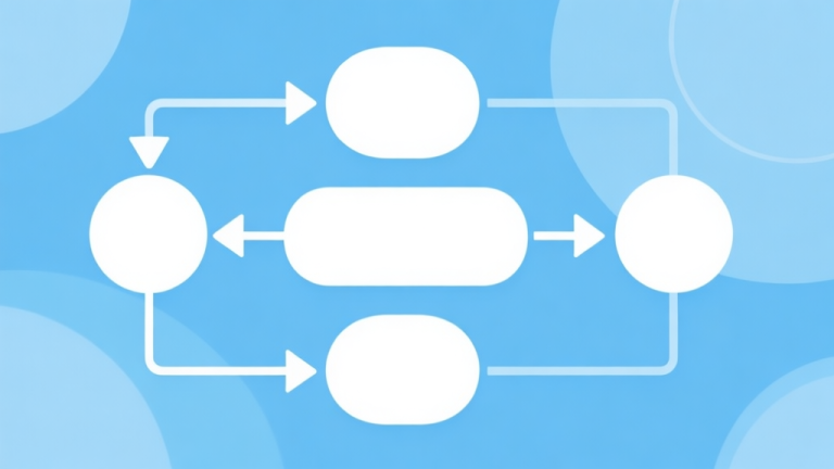 自动生成图片: Simple flowchart illustration with connected circles and arrows, light blue and white color scheme, clean minimal design, business presentation style high quality illustration, detailed, 16:9