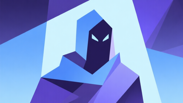 自动生成图片: Abstract geometric composition with overlapping shapes representing a mysterious character, soft cool-toned colors (blues, purples), modern minimal style, professional game concept illustration high quality illustration, detailed, 16:9