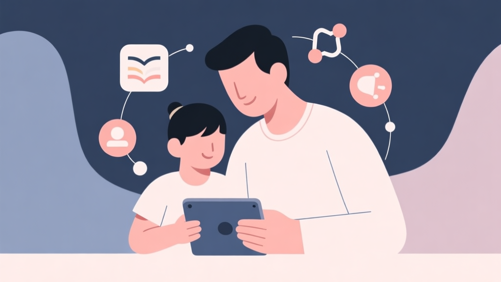 A minimalist illustration of a parent and child interacting with a tablet, with abstract icons representing learning, play, and connection floating around them, soft pastel colors, clean lines, modern family concept high quality illustration, detailed, 16:9