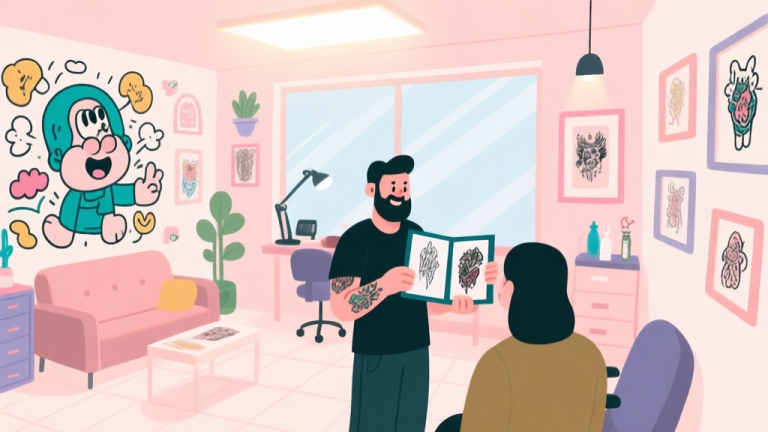 自动生成图片: A welcoming, brightly lit tattoo studio interior with playful decor, a cartoon mural on one wall, comfortable seating, and a friendly artist showing a design portfolio to a client, in a minimalist illustration style with soft colors high quality illustration, detailed, 16:9
