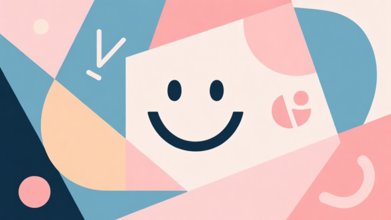 自动生成图片: Abstract geometric composition with overlapping shapes forming a playful smiley face and simple symbols, soft pastel colors, modern minimal style, professional concept illustration of fun and creativity high quality illustration, detailed, 16:9