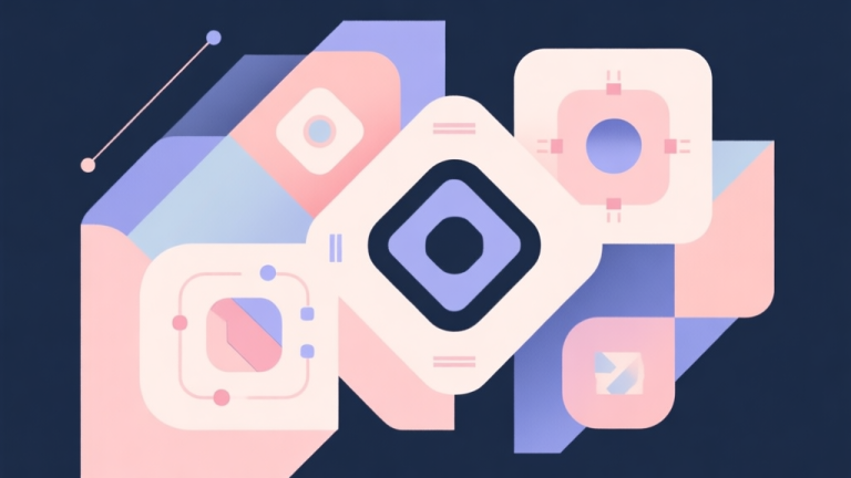 自动生成图片: Abstract geometric composition with overlapping shapes representing game mechanics, soft pastel colors, modern minimal style, professional business concept illustration of hybrid systems high quality illustration, detailed, 16:9
