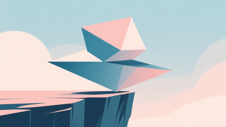 自动生成图片: Abstract geometric composition with overlapping shapes, one shape teetering on the edge of a cliff, soft pastel colors, modern minimal style, professional business concept illustration of risk and balance high quality illustration, detailed, 16:9