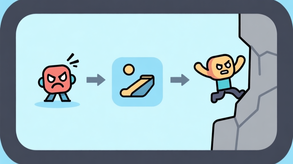 Simple flowchart illustration showing a frustrated game character transforming into a confident one, with icons for jump, slide, and climb in between, light blue and grey color scheme, clean minimal design, mobile game tutorial style high quality illustration, detailed, 16:9