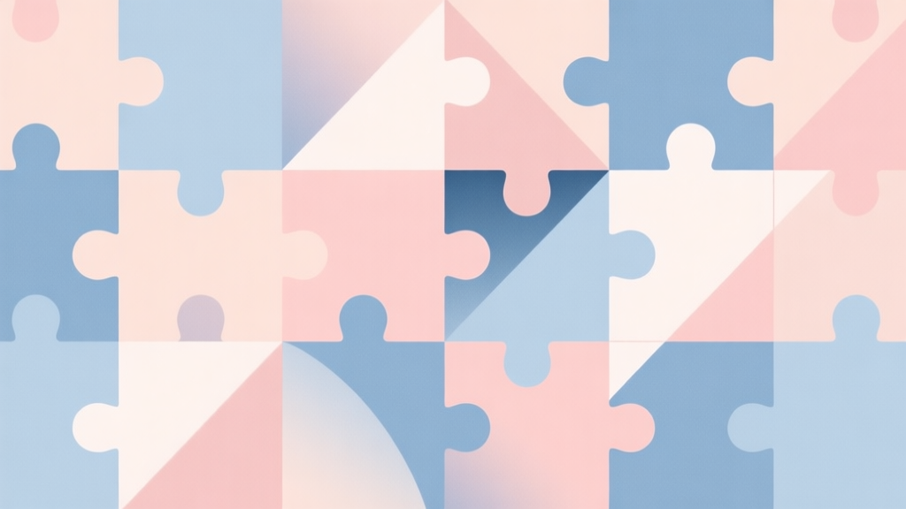 Abstract geometric composition with overlapping shapes forming a grid pattern, soft pastel colors, modern minimal style, professional puzzle concept illustration high quality illustration, detailed, 16:9