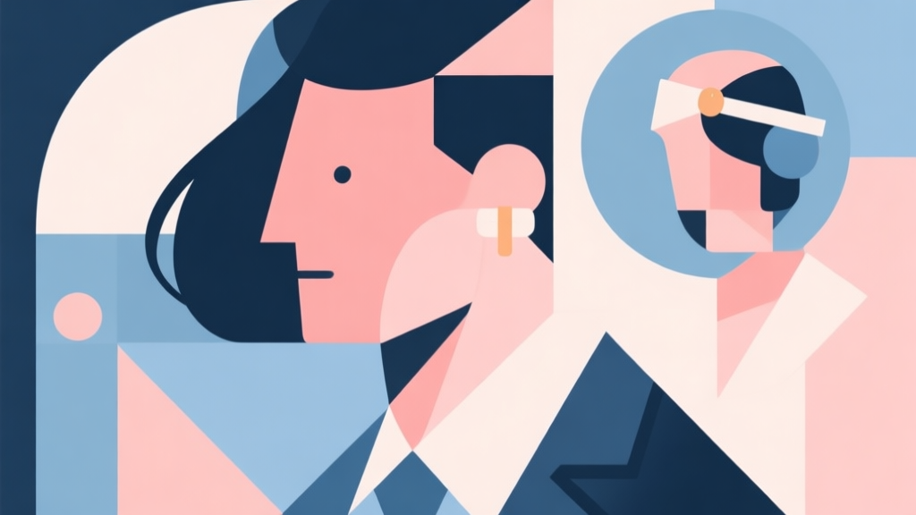 Abstract geometric composition with overlapping shapes representing character design elements (face, hair, accessories), soft pastel colors, modern minimal style, professional business concept illustration high quality illustration, detailed, 16:9