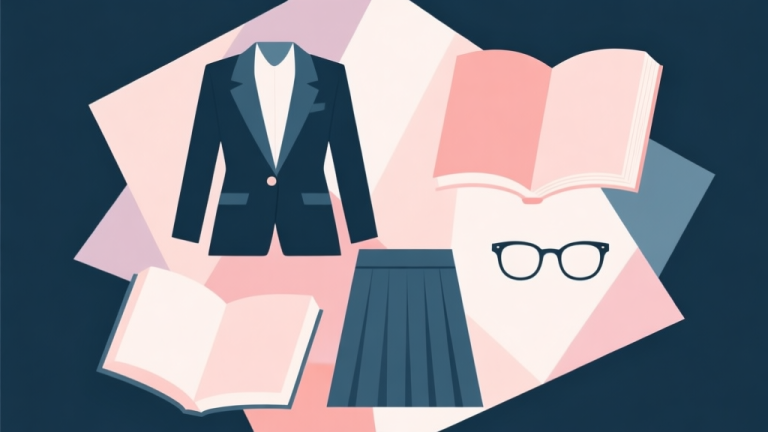 自动生成图片: Abstract geometric composition with overlapping shapes representing fashion items (blazer, skirt, book, glasses) in soft pastel colors, modern minimal style, professional concept illustration high quality illustration, detailed, 16:9