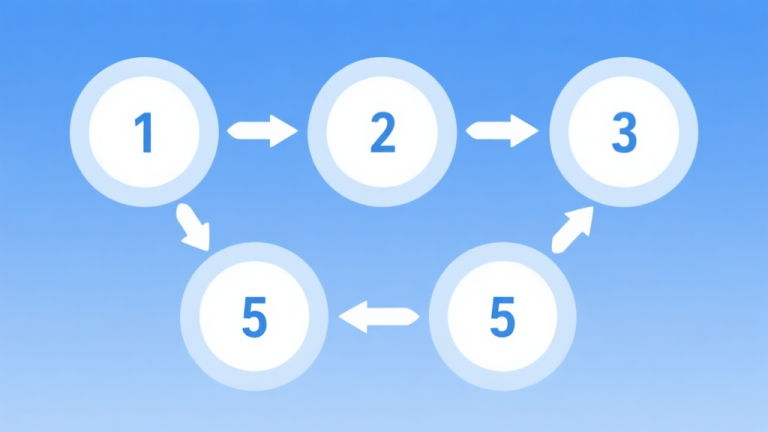 自动生成图片: Simple flowchart illustration with 5 connected circles and arrows, each circle labeled with a number 1 to 5, light blue and white color scheme, clean minimal design, business presentation style high quality illustration, detailed, 16:9