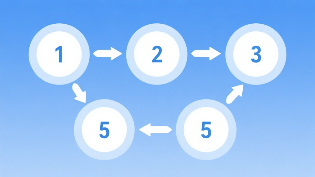 Simple flowchart illustration with 5 connected circles and arrows, each circle labeled with a number 1 to 5, light blue and white color scheme, clean minimal design, business presentation style high quality illustration, detailed, 16:9