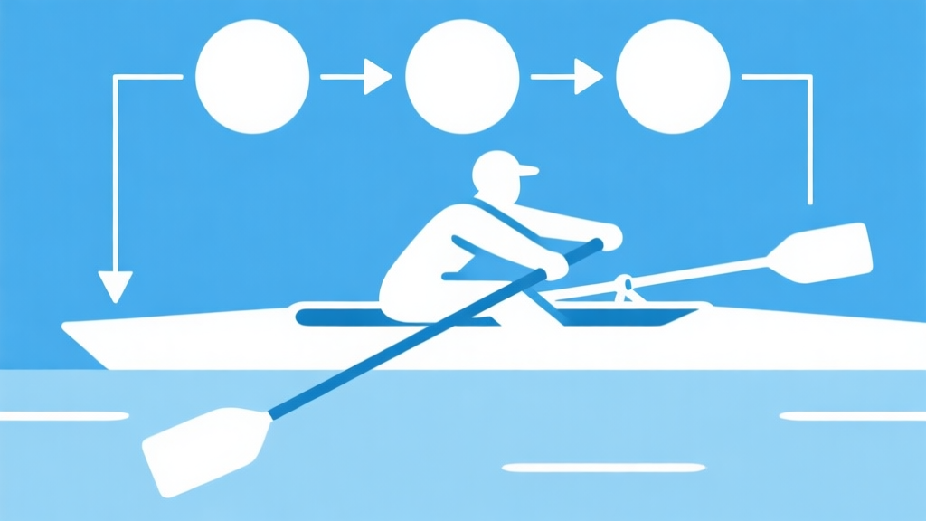 Simple flowchart illustration with connected circles and arrows representing the phases of a rowing stroke, light blue and white color scheme, clean minimal design, business presentation style high quality illustration, detailed, 16:9
