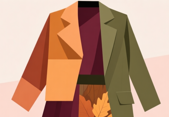 自动生成图片: Abstract geometric composition with overlapping clothing layers and autumn color swatches (ochre, burgundy, olive), soft pastel background, clean minimal style, fashion coordination concept high quality illustration, detailed, 16:9