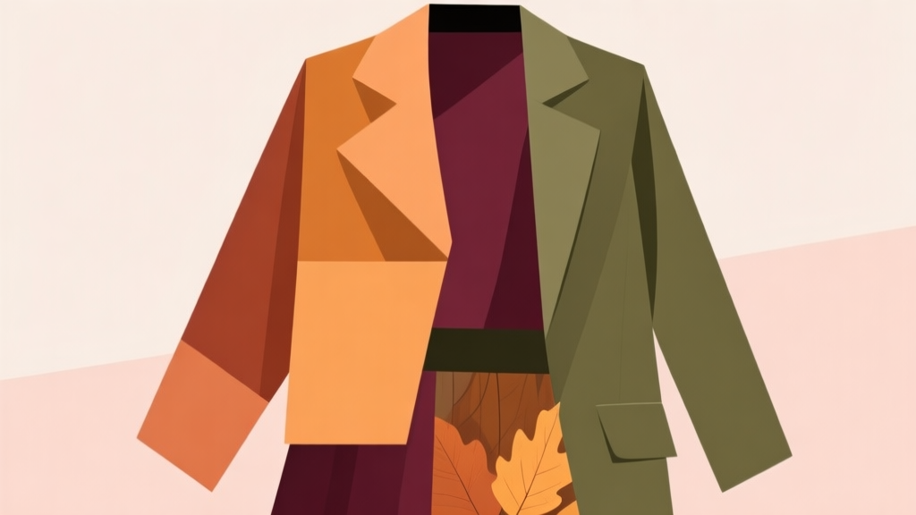 Abstract geometric composition with overlapping clothing layers and autumn color swatches (ochre, burgundy, olive), soft pastel background, clean minimal style, fashion coordination concept high quality illustration, detailed, 16:9