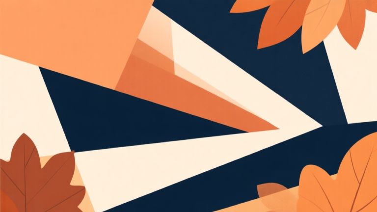 自动生成图片: Abstract geometric composition with overlapping shapes representing elegance, precision, and layers, soft autumn color palette of burnt orange, deep navy, and cream, modern minimal style, professional character design concept illustration high quality illustration, detailed, 16:9