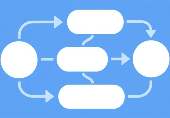 自动生成图片: Simple flowchart illustration with connected circles and arrows, light blue and white color scheme, clean minimal design, business presentation style high quality illustration, detailed, 16:9