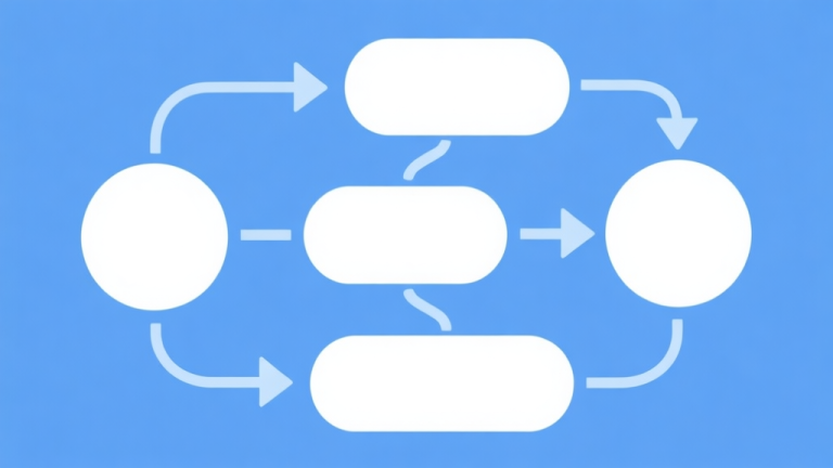 自动生成图片: Simple flowchart illustration with connected circles and arrows, light blue and white color scheme, clean minimal design, business presentation style high quality illustration, detailed, 16:9