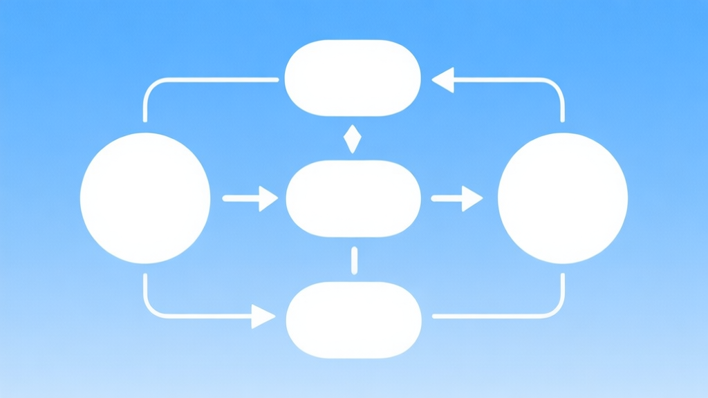 Simple flowchart illustration with connected circles and arrows, light blue and white color scheme, clean minimal design, business presentation style high quality illustration, detailed, 16:9
