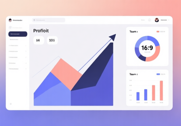 自动生成图片: Minimalist business dashboard with abstract data visualization showing rising profit trend and team performance metrics, soft gradient background, professional color scheme, clean geometric shapes, flat design style high quality illustration, detailed, 16:9
