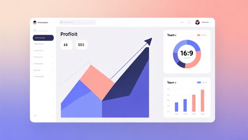 Minimalist business dashboard with abstract data visualization showing rising profit trend and team performance metrics, soft gradient background, professional color scheme, clean geometric shapes, flat design style high quality illustration, detailed, 16:9